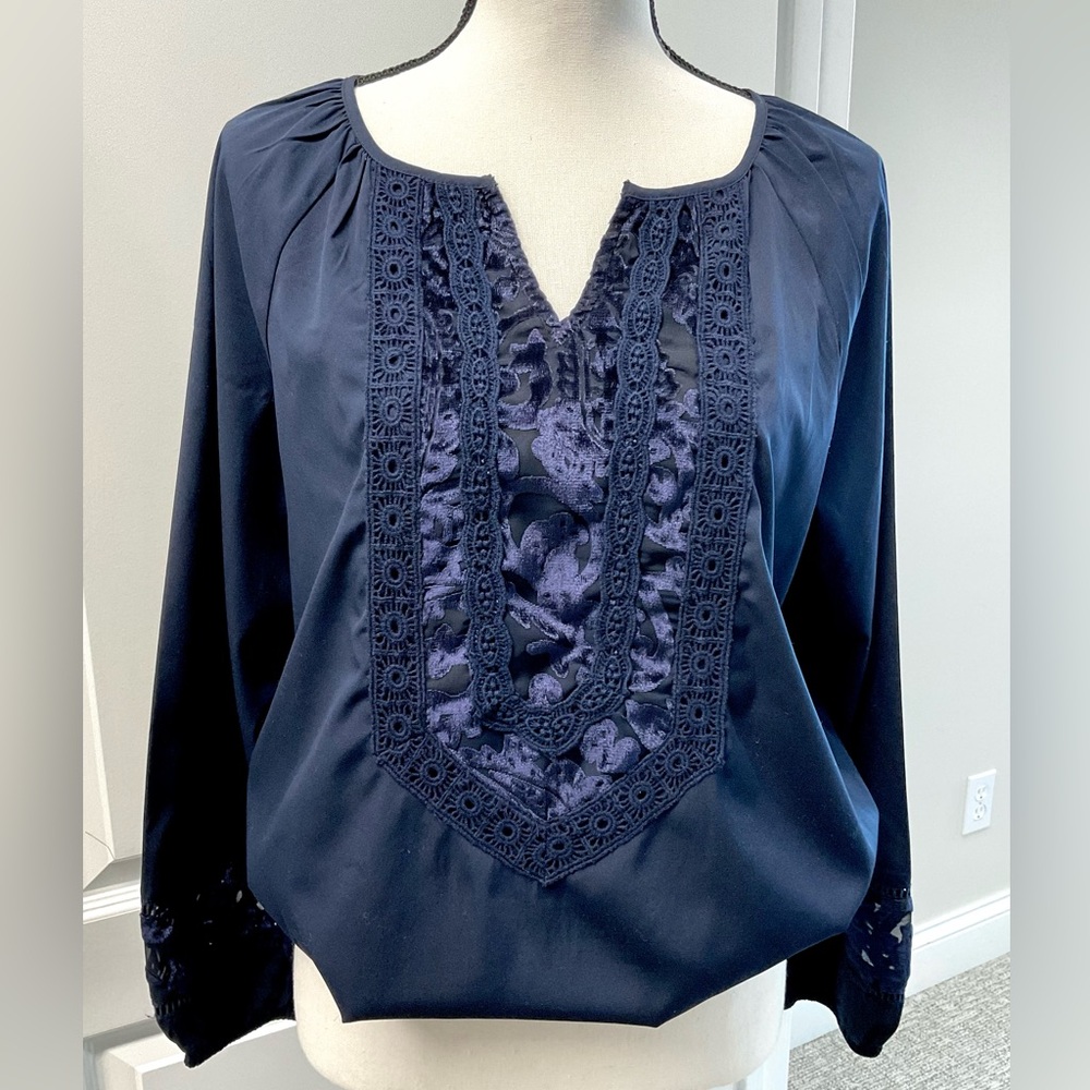 Chico's Deep Blue Blouse with Lace Detail
